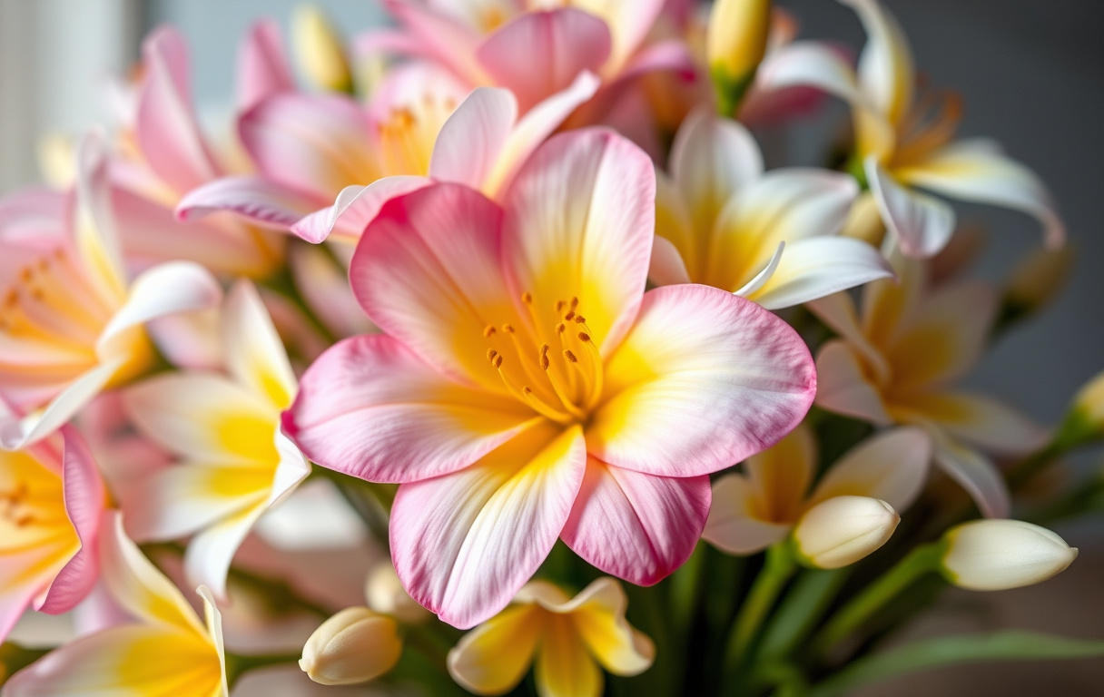 En färgglad alstroemeria-bukett med rosa, gula och vita blommor i dagsljus