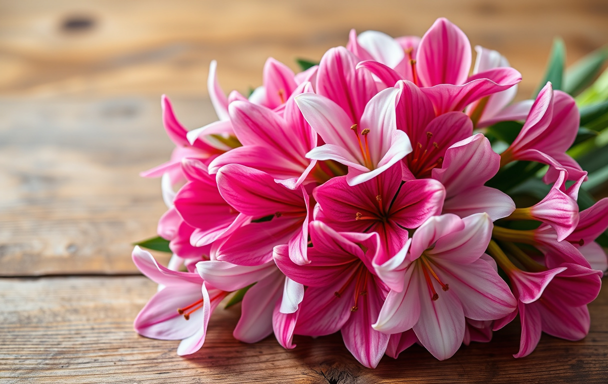 Bukett med rosa och vita alstroemeria-blommor på träbord i dagsljus