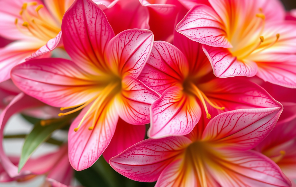 En bukett med alstroemeria i rosa, orange och vitt med tydliga prickar och streck på kronbladen