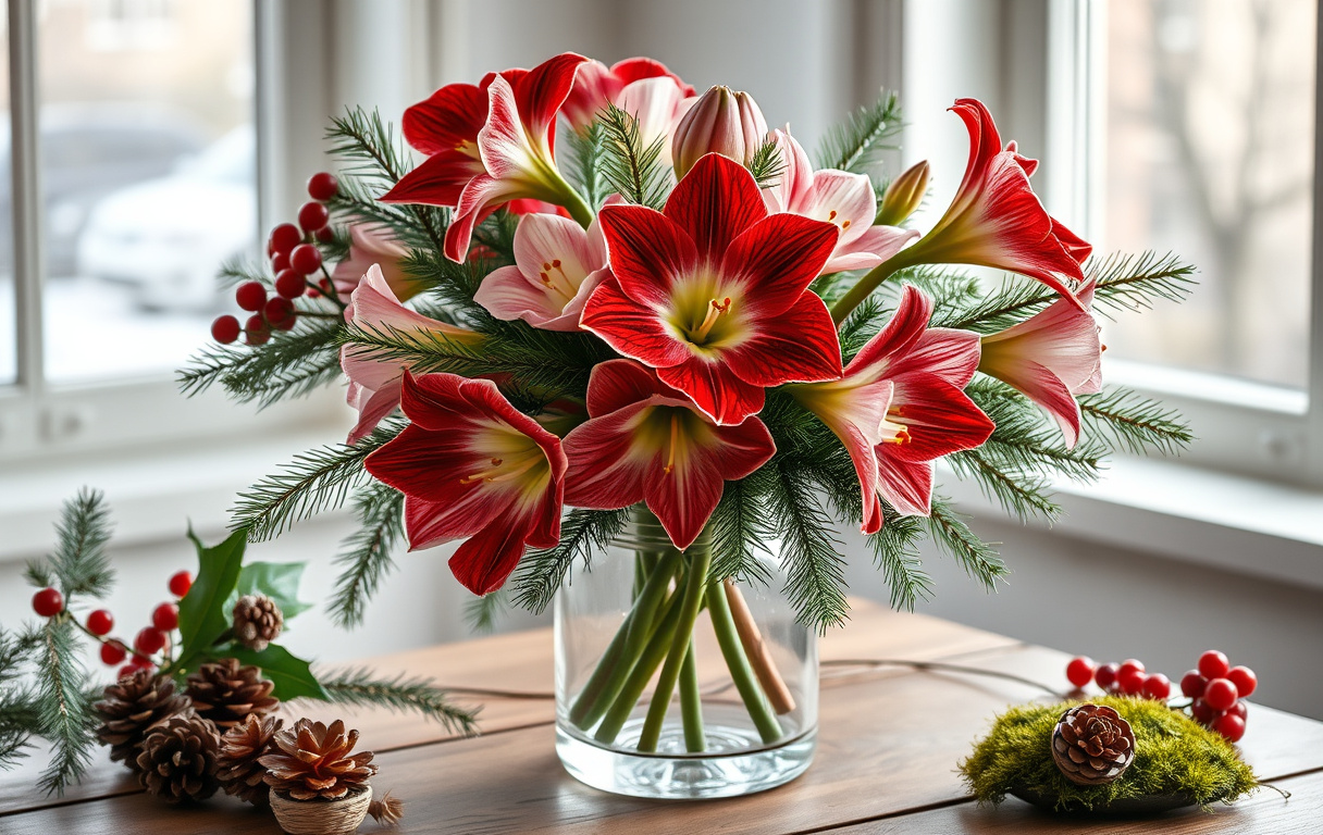 Ett vackert vinterarrangemang med röda och vita amaryllisblommor i en glasvas omgiven av vintergrönt, tallkottar och mossa.