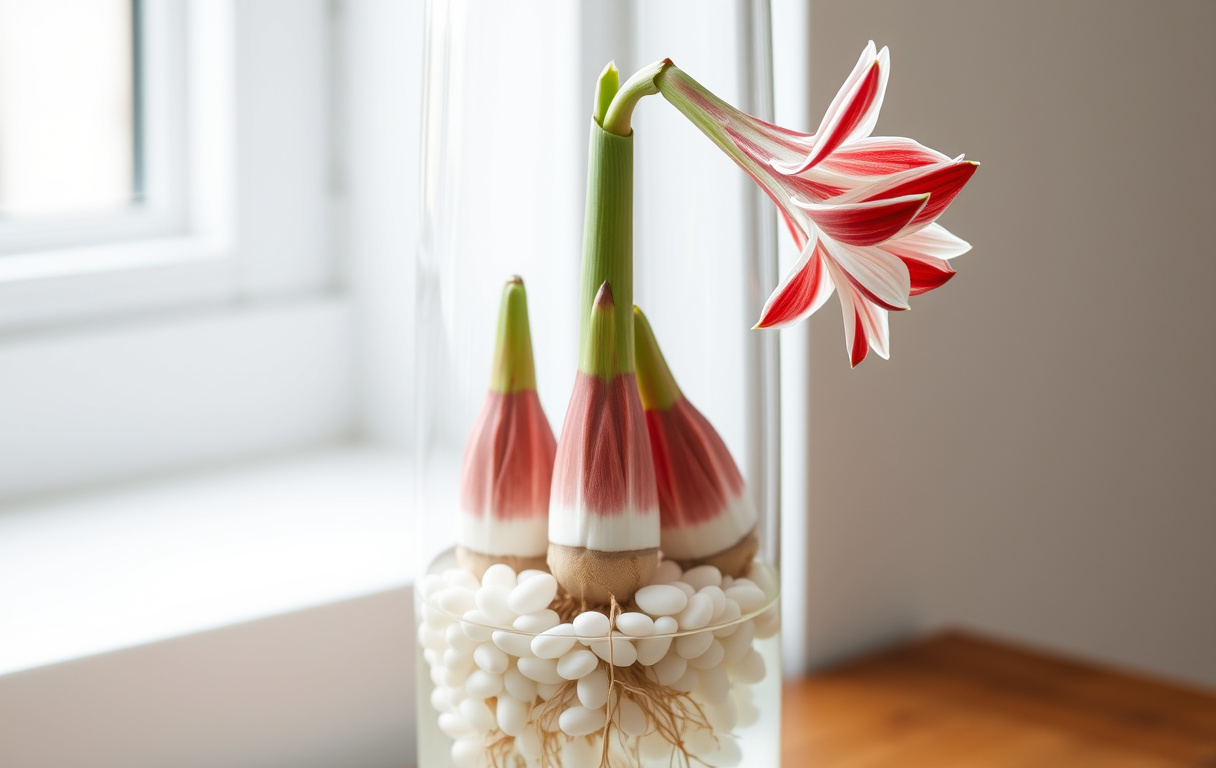 Amaryllis i glas med vita stenar och röda blommor i en glasvas