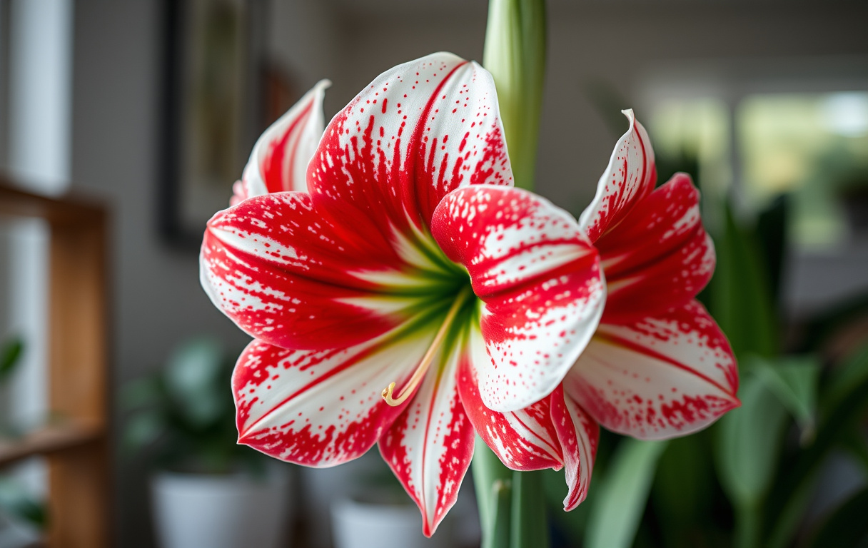 Närbild på en blommande Amaryllis Minerva med stora röd-vita fläckiga blommor i en kruka inomhus