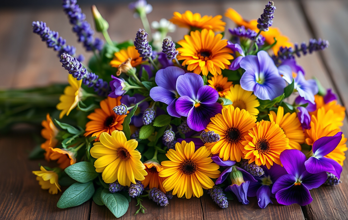 En färgglad bukett med ätbara blommor som pensé, ringblomma, lavendel och viol på ett rustikt träbord.