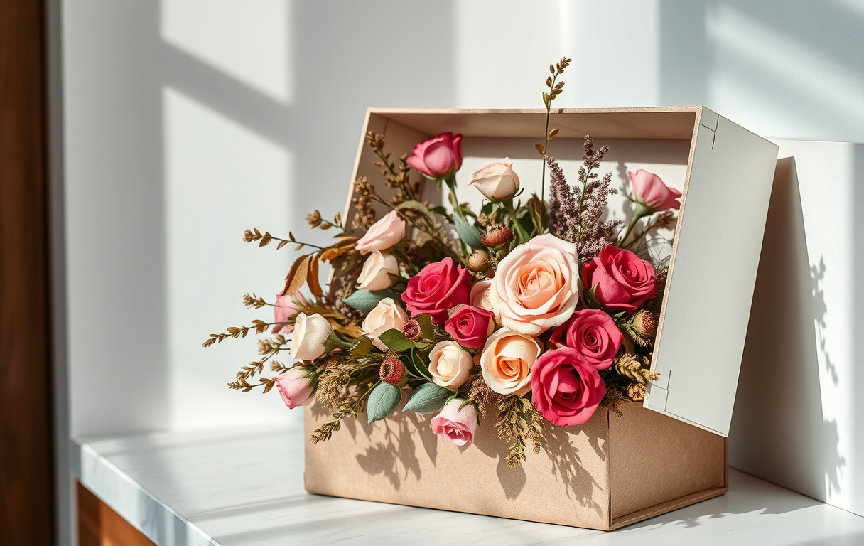 En öppen blombox med torkade rosor och evighetsrosor, stilren inredning