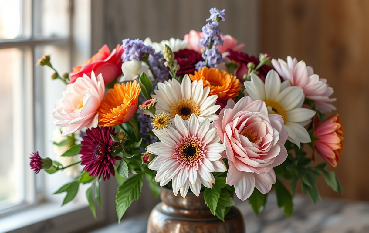 Ett vackert knippe av blandade blommor i en vas.