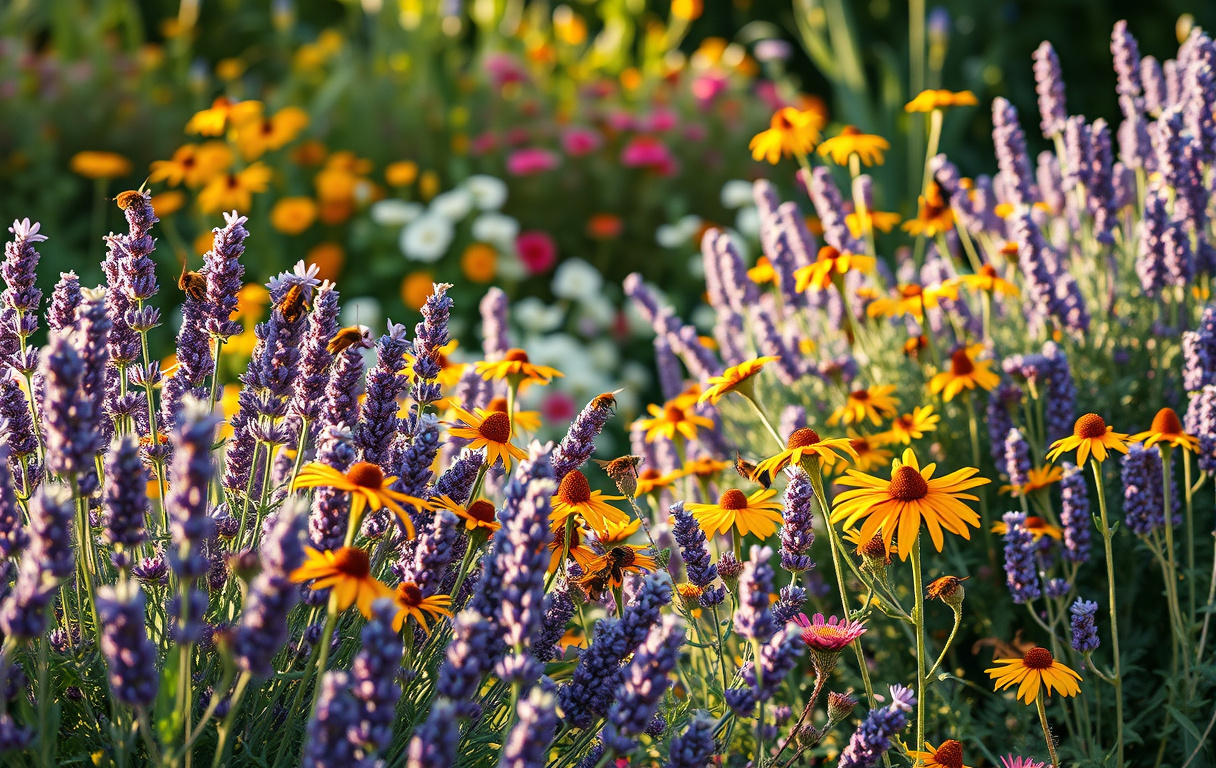 Trädgård med lavendel, rudbeckia och fjärilar i solnedgång