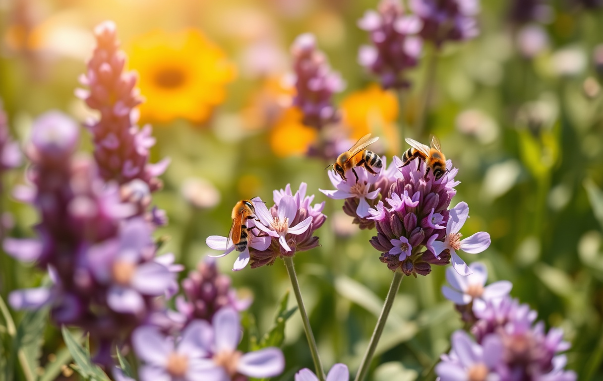 En trädgård med bin som besöker lavendel och klöverblommor i solljus