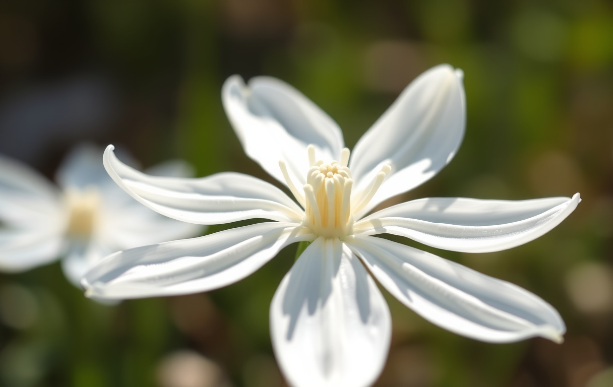 Närbild på vit edelweissblomma i mjukt solljus
