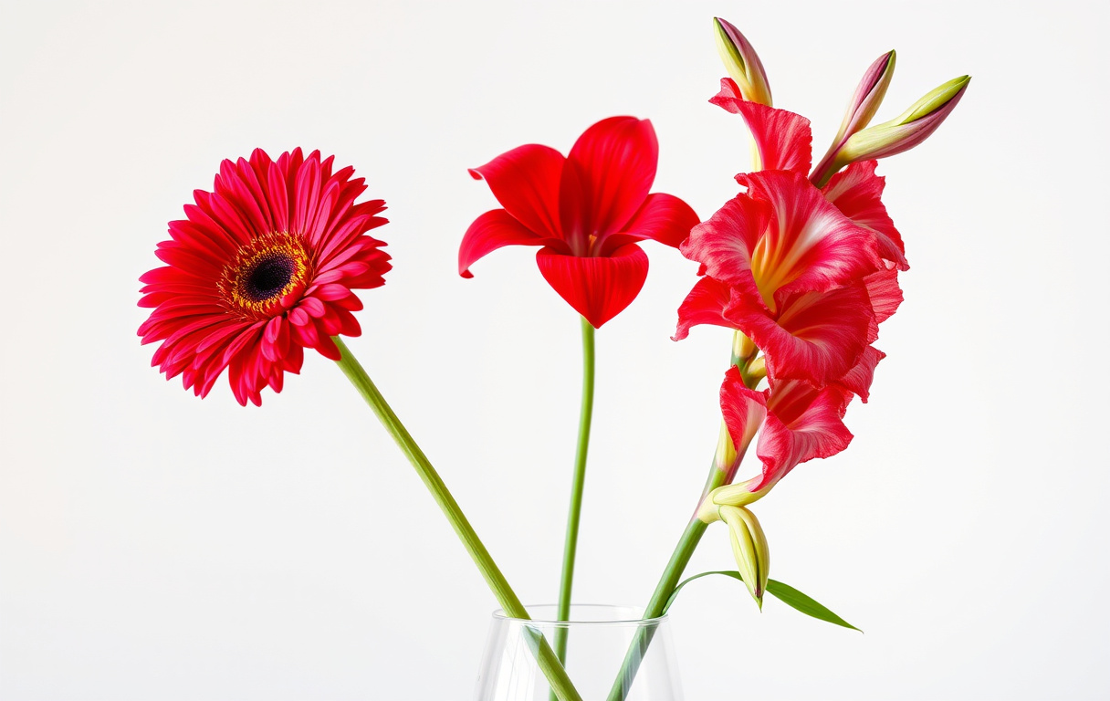 En färgglad gerbera och en hög gladiolus i en vas, fotorealistisk bild