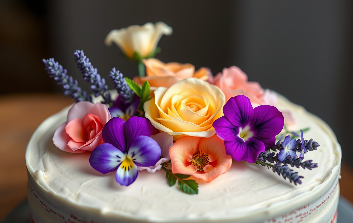 Närbild på en tårta dekorerad med ätbara blommor som ros, viol och lavendel