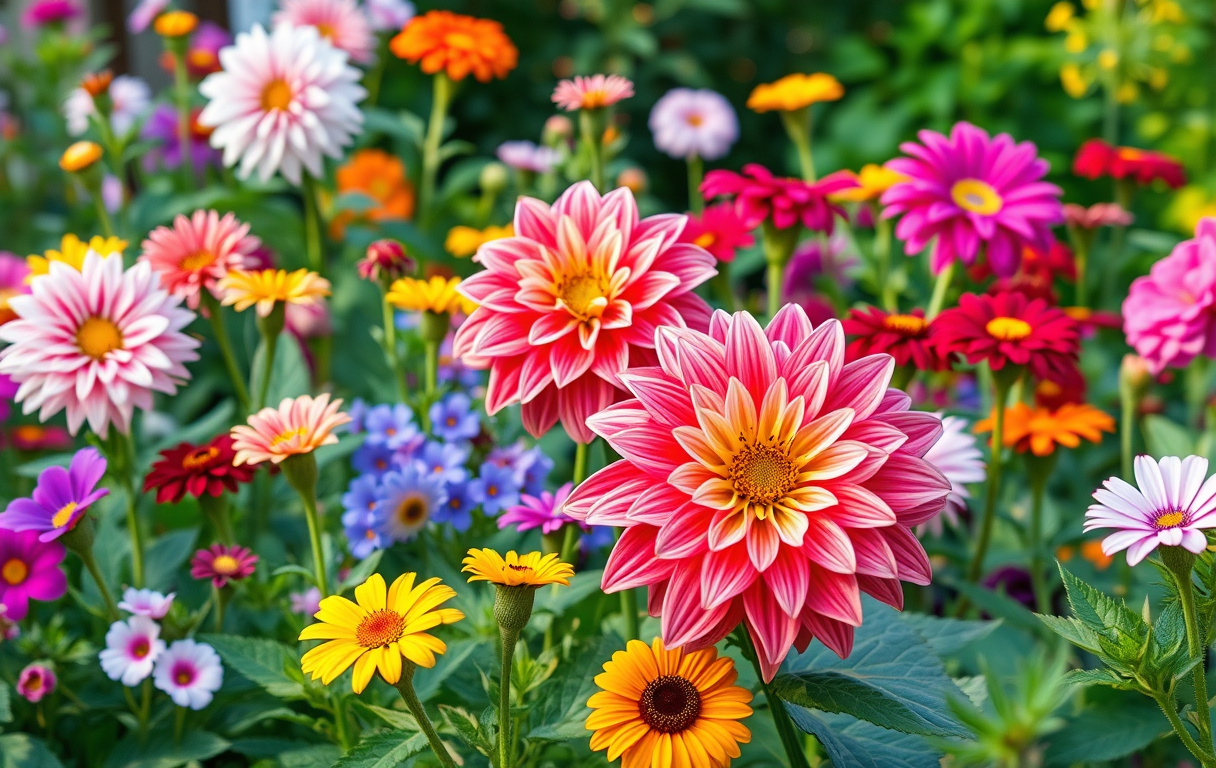 Färgglad sommarrabatt med dahlia, petunia, zinnia och tagetes i solsken