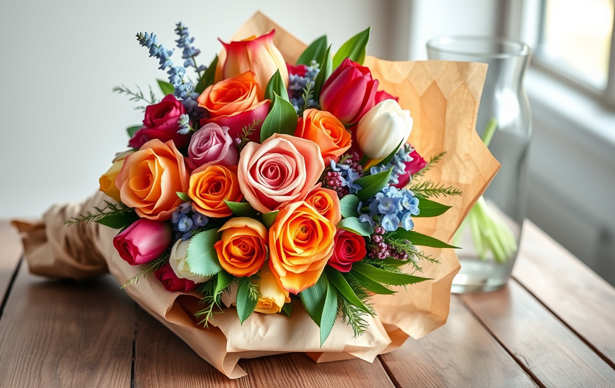 Handbunden bukett med säsongsblommor som rosor och tulpaner på ett träbord med vas intill