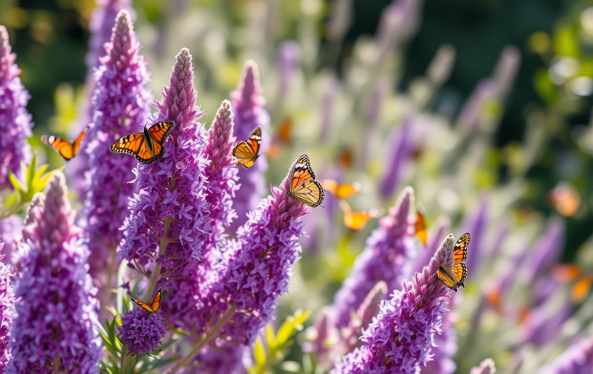 Närbild av lila buddlejablommor med fjärilar i solsken