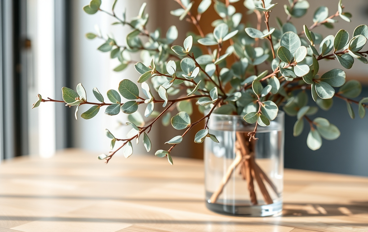Eukalyptus grenar med silverblågröna blad i en vas på ett träbord