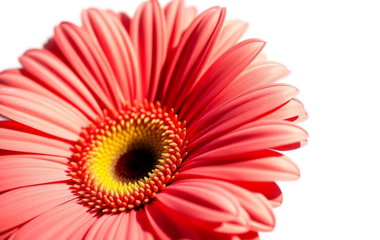Närbild på en färgstark gerbera i dagsljus med skarpa detaljer på kronblad och mitt