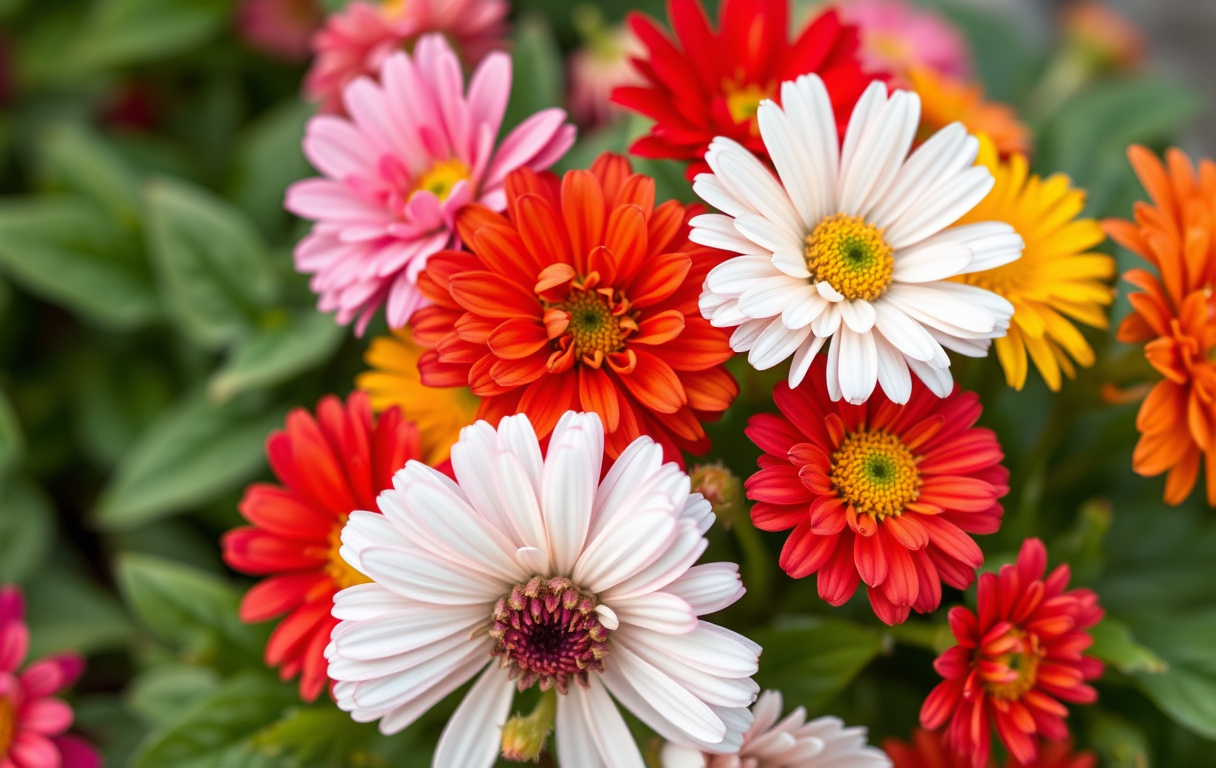 En bukett med färgglada germini-blommor i rött, rosa, vitt och orange med gröna blad