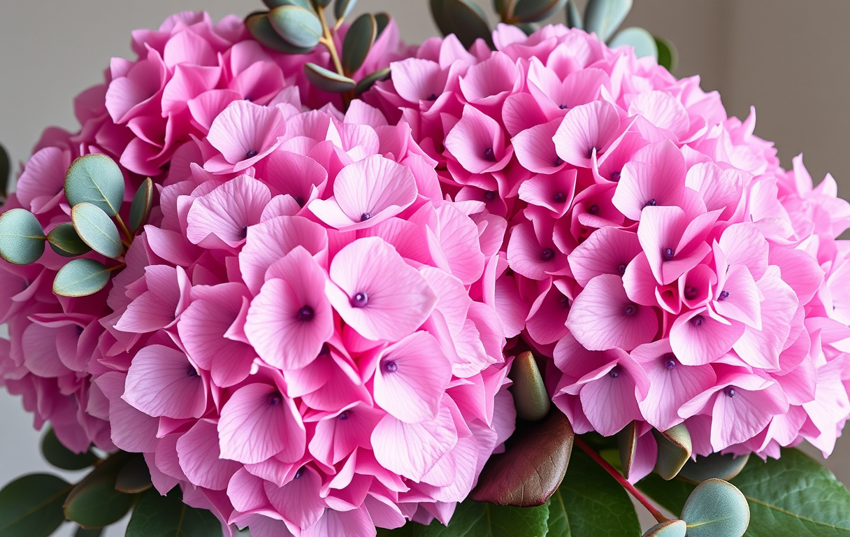 En stor bukett med lila och rosa hortensior tillsammans med eukalyptus, i dagsljus