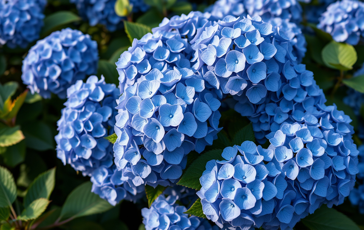 Blå hortensia med stora blomklasar i en rabatt