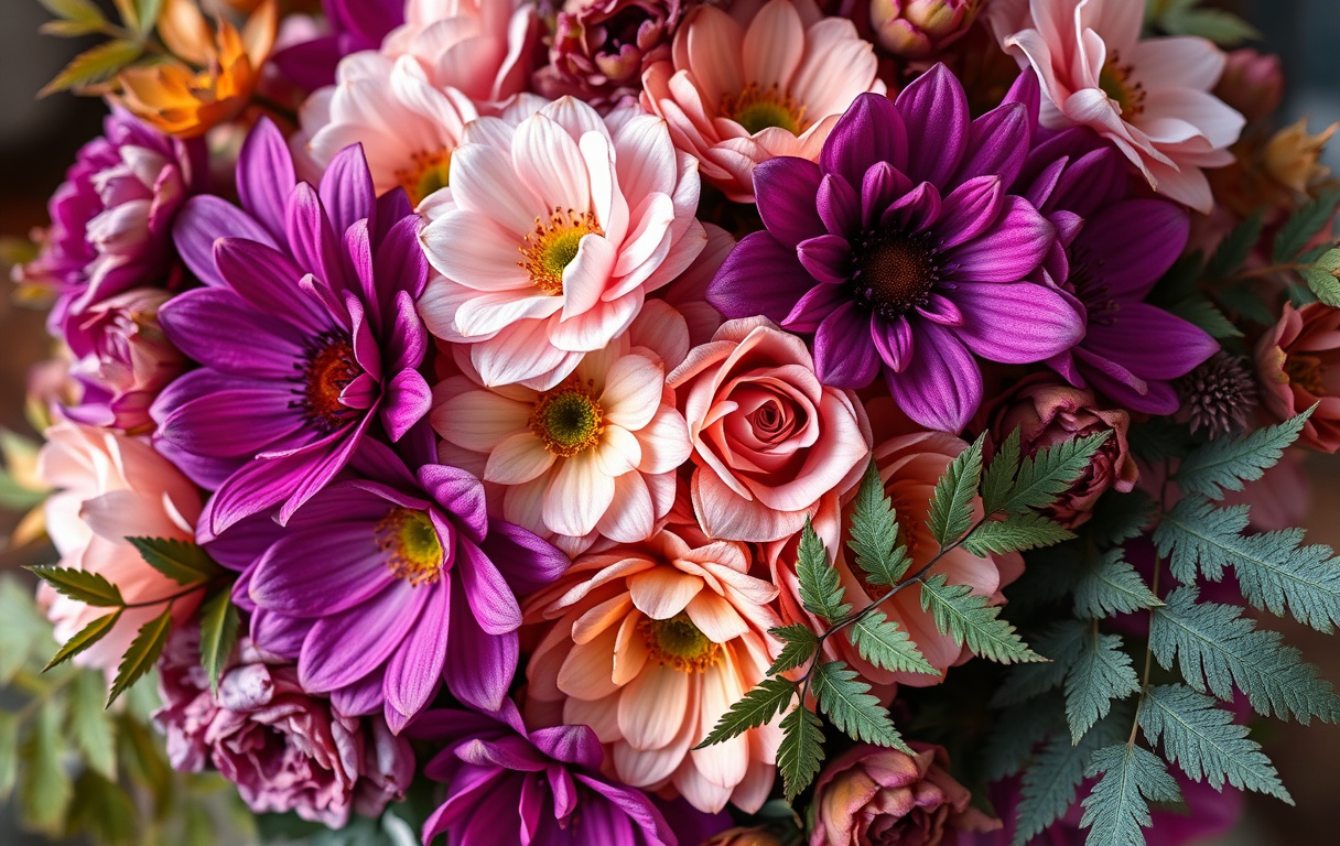 En vacker höstbukett med lila, rosa och beige blommor, eklöv och ormbunkar i dagsljus.