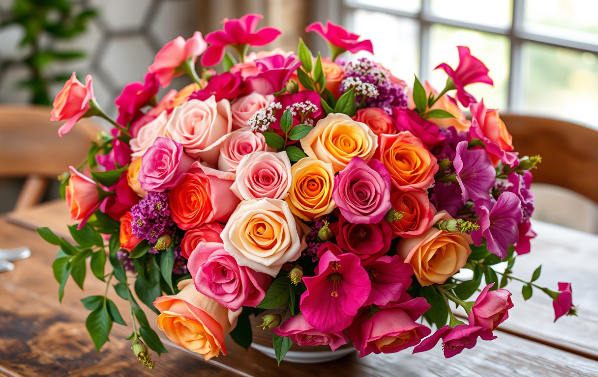 Färgglad bukett italienska blommor med rosor och bougainvillea på rustikt bord