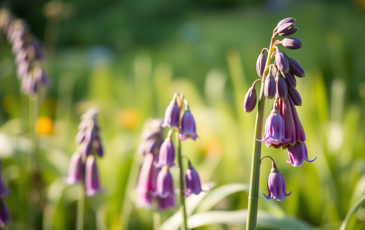 Mörk klocklilja med mörkt violetta klockblommor och silvergröna stjälkar i en solig rabatt