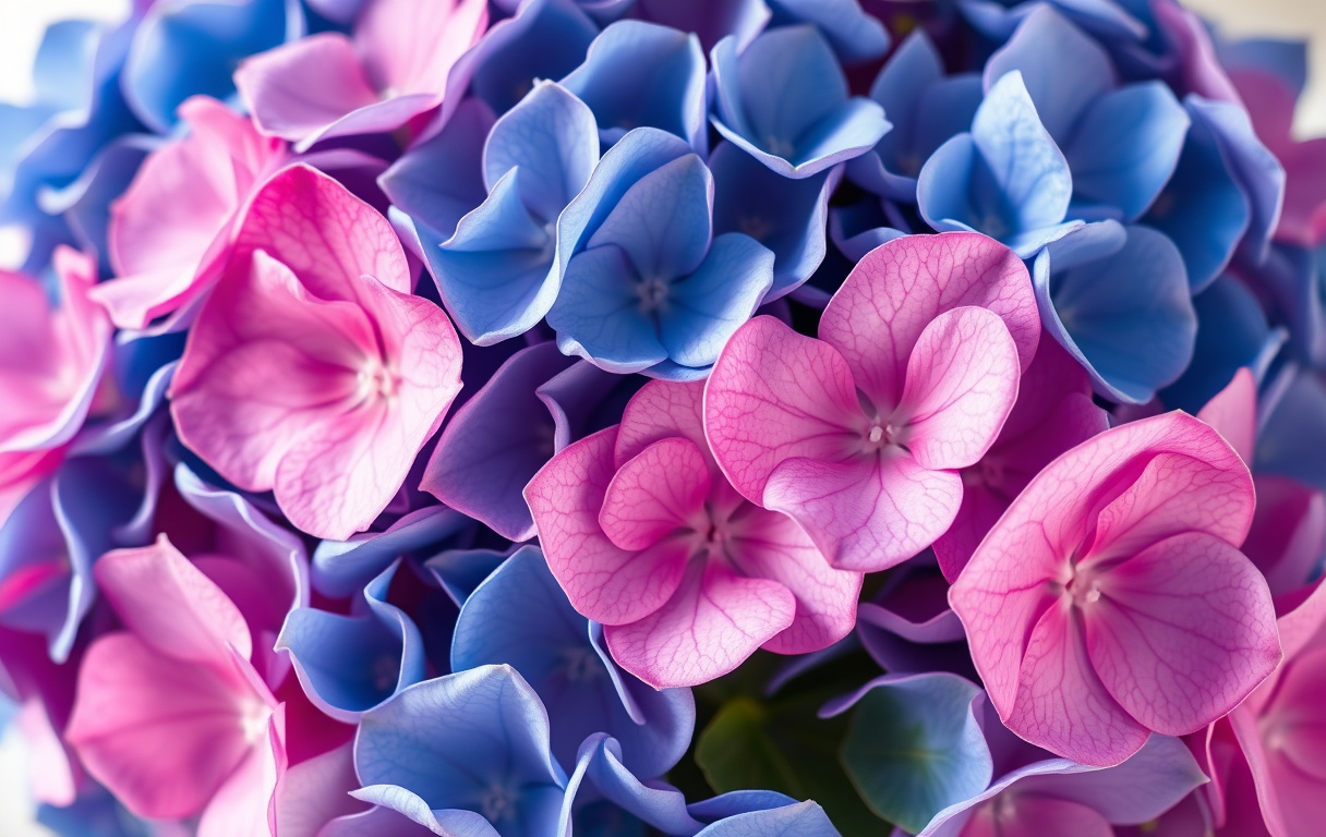 Närbild på konserverad hortensiabukett i mjukt dagsljus med levande blå och rosa nyanser