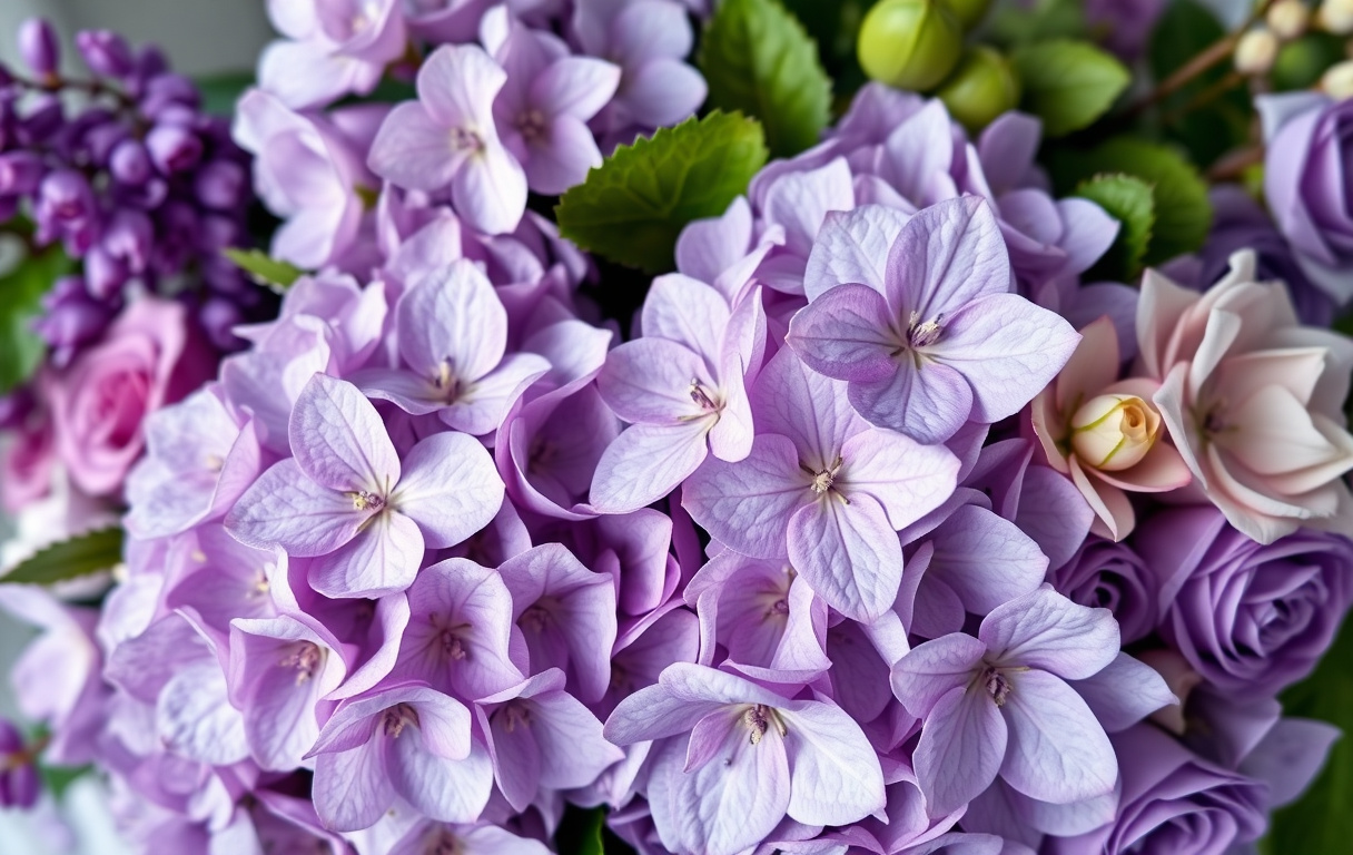 En vacker lila blombukett med hortensia, clematis och rosor