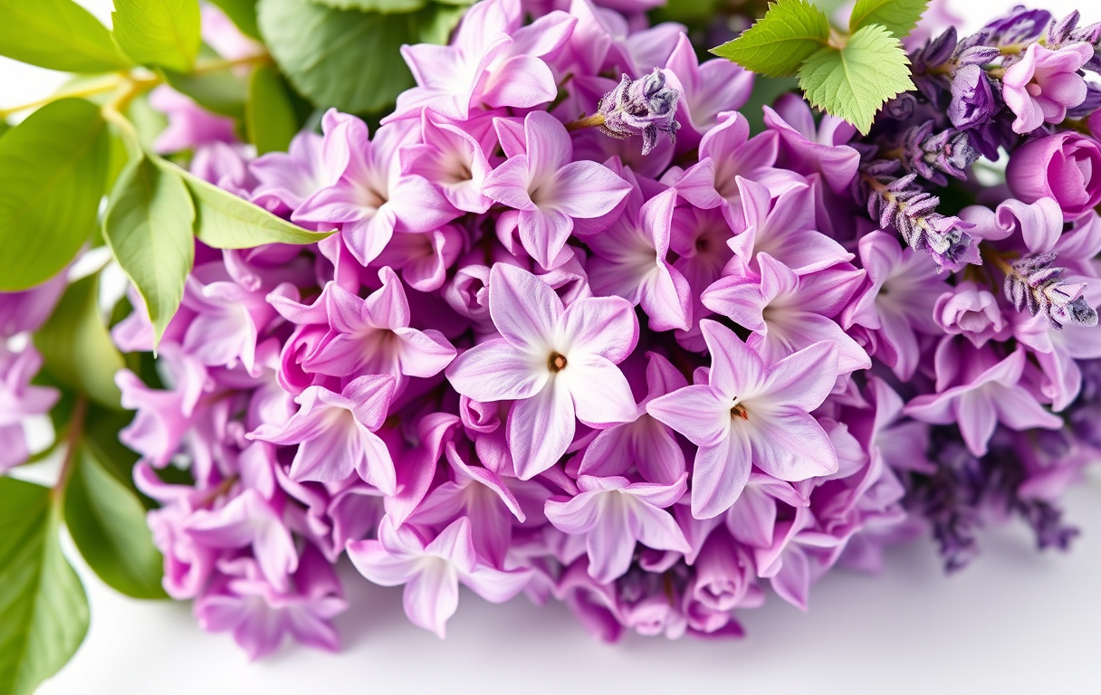 Bukett med lila blommor: prärieklockor, lavendel och jätteverbena i dagsljus, närbild