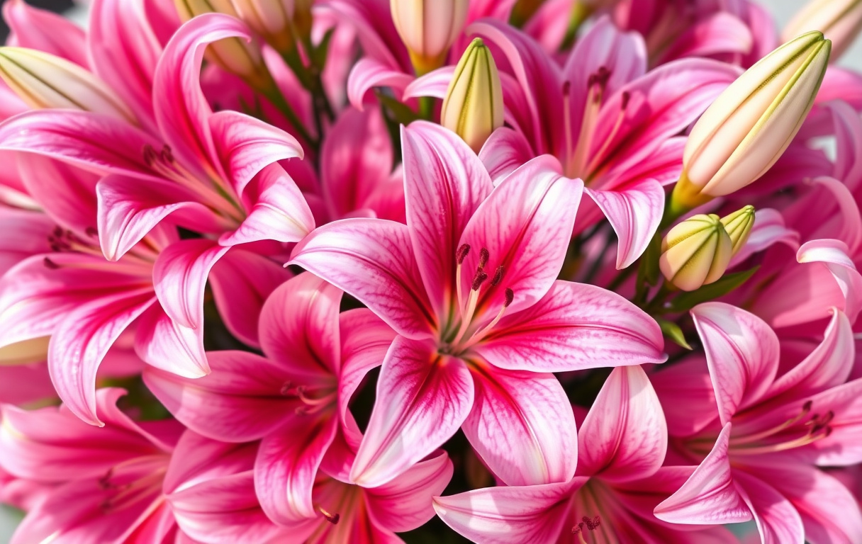 Närbild på en bukett med rosa Stargazer-liljor i mjukt dagsljus