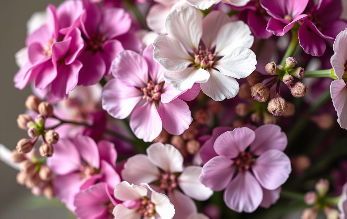 Närbild på en bukett med färsk och torkad limonium i lila, rosa och vita nyanser