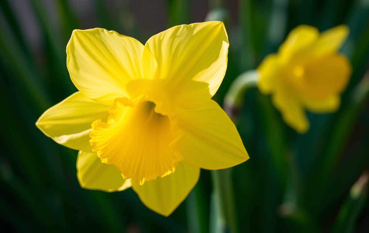 Närbild på en gul narcissblomma med trumpetformat krona, omgiven av gröna blad