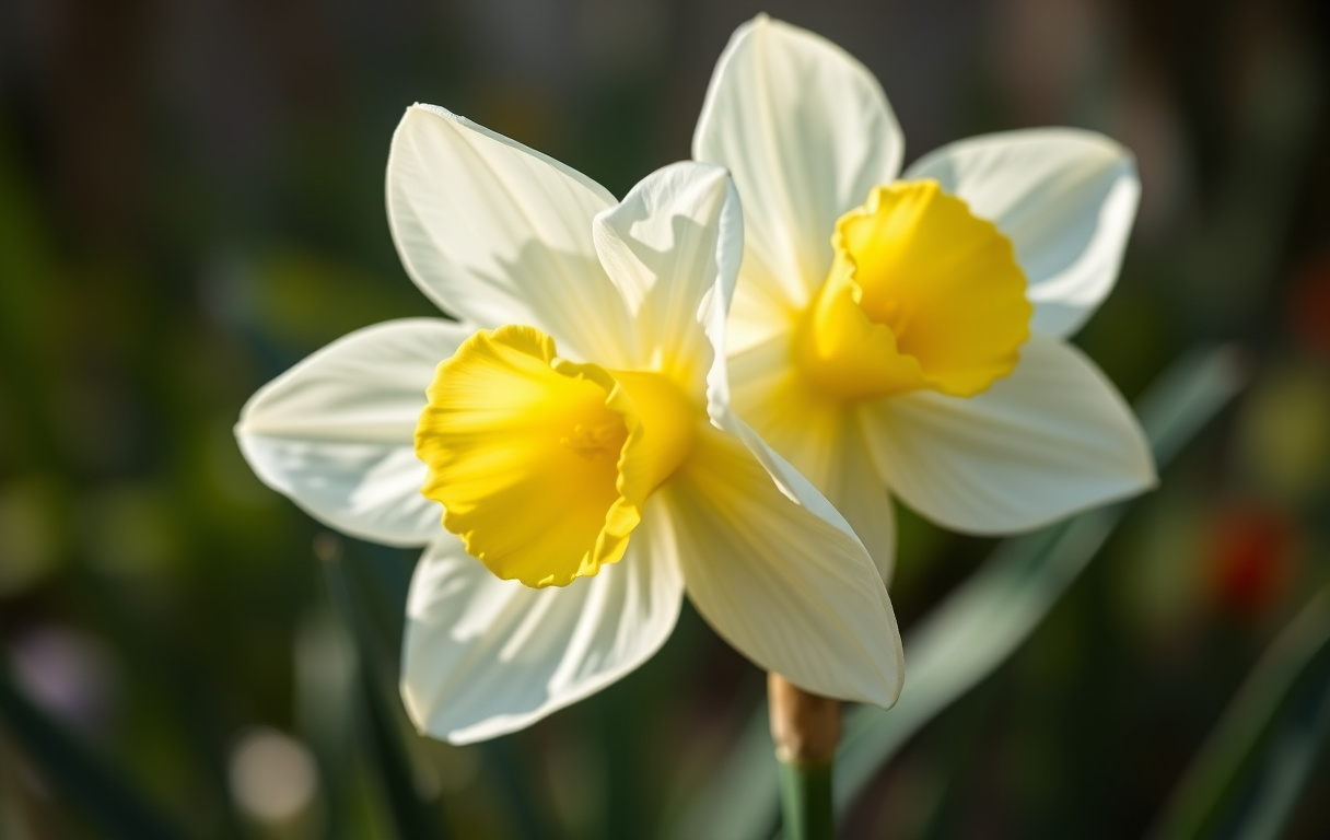 Närbild av Narcissus 'Obdam' dubbel daffodil i full blomning, krämvita kronblad med gul mitt, i dagsljus med oskarp bakgrund