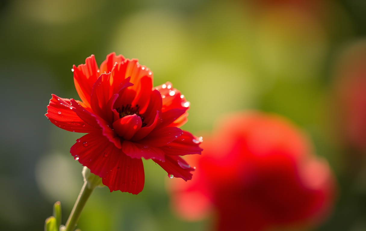 En närbild på en röd nejlika med daggdroppar i morgonljus, makrofotograferad med skärpa i blommans mitt