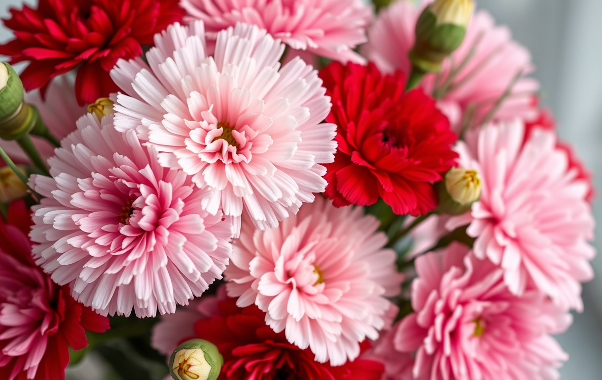 Bukett med röda, vita och rosa nejlikor i dagsljus