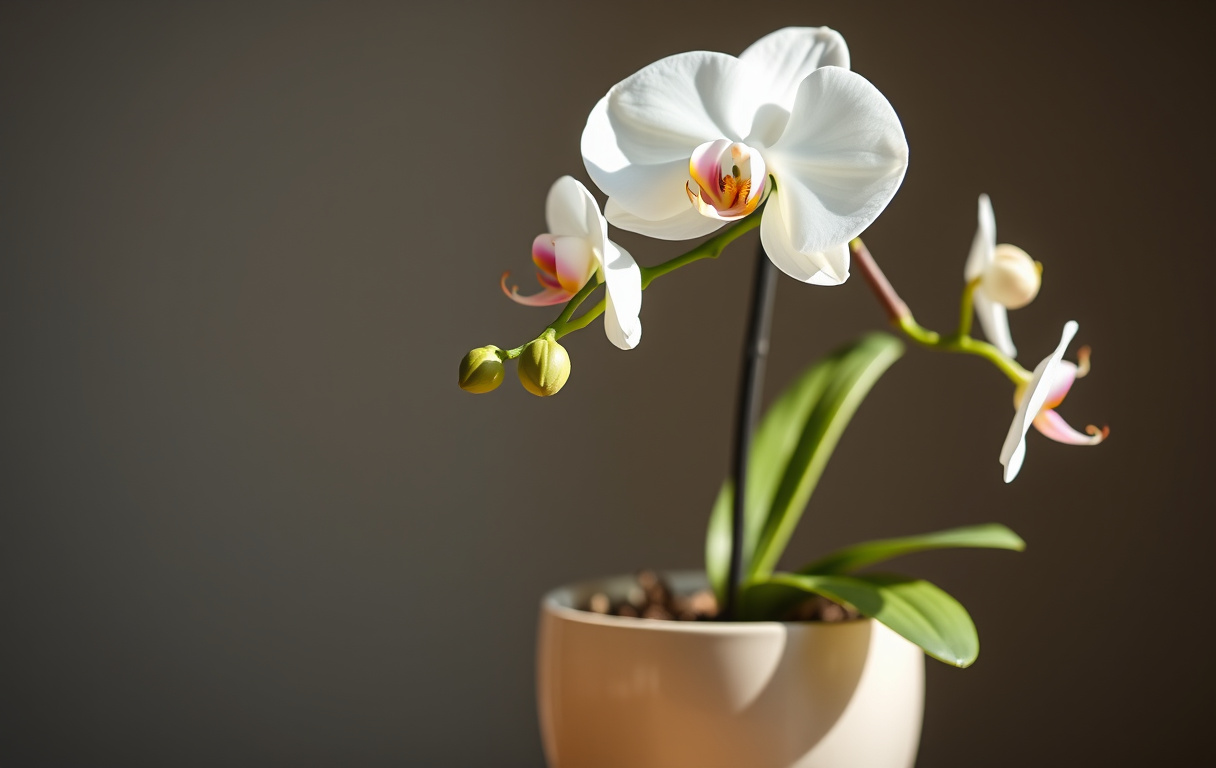 Vit Phalaenopsis orkidé i kruka med mörkgröna blad och vita blommor, fotorealistisk bild