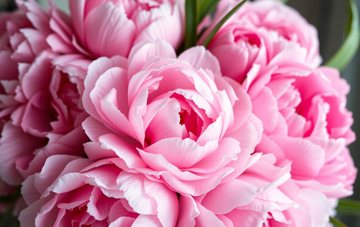 En frodig bukett med rosa pioner i dagsljus, närbild