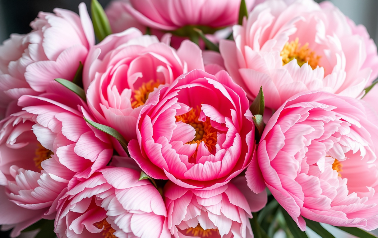 Närbild på en frodig pionbukett i rosa och vitt med mjukt dagsljus