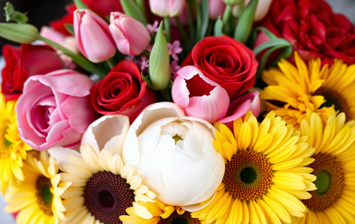 En färgglad bukett med rosor, tulpaner, pioner, gerbera och solrosor i naturligt ljus.