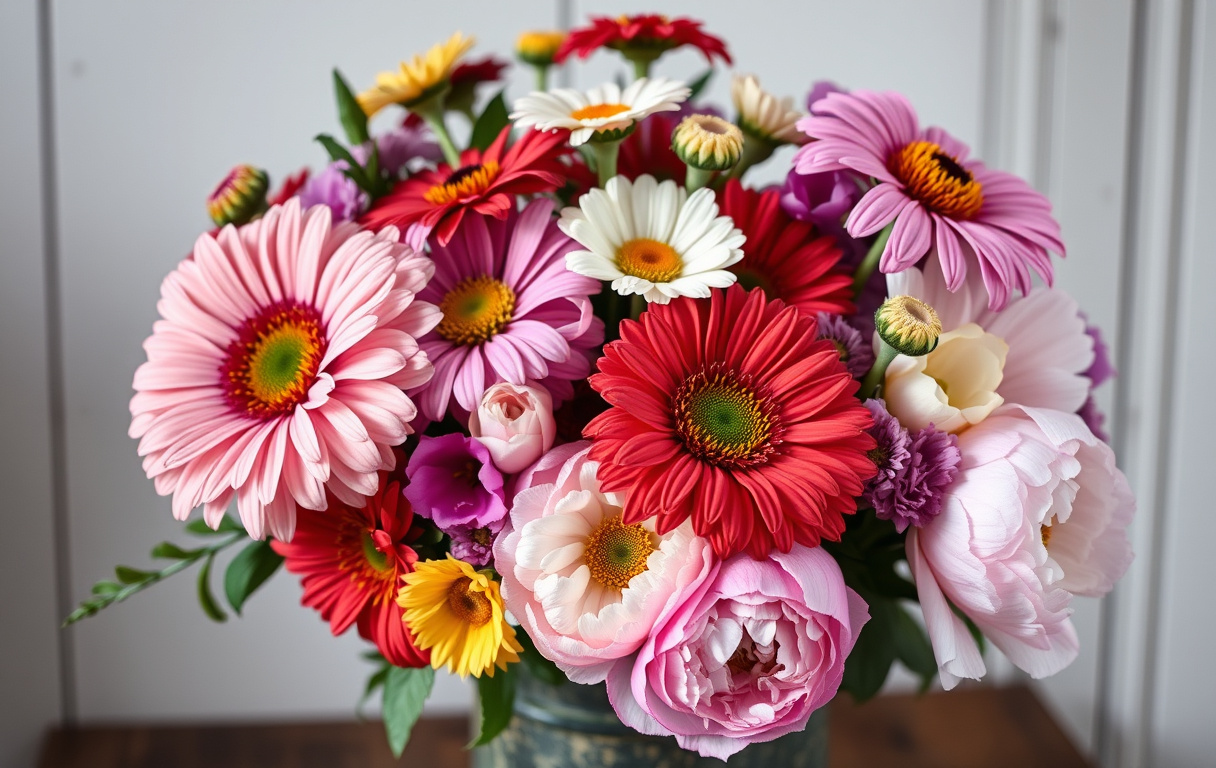 En vacker bukett med zinnia, luktärt, rudbeckia och pioner i en rustik vas