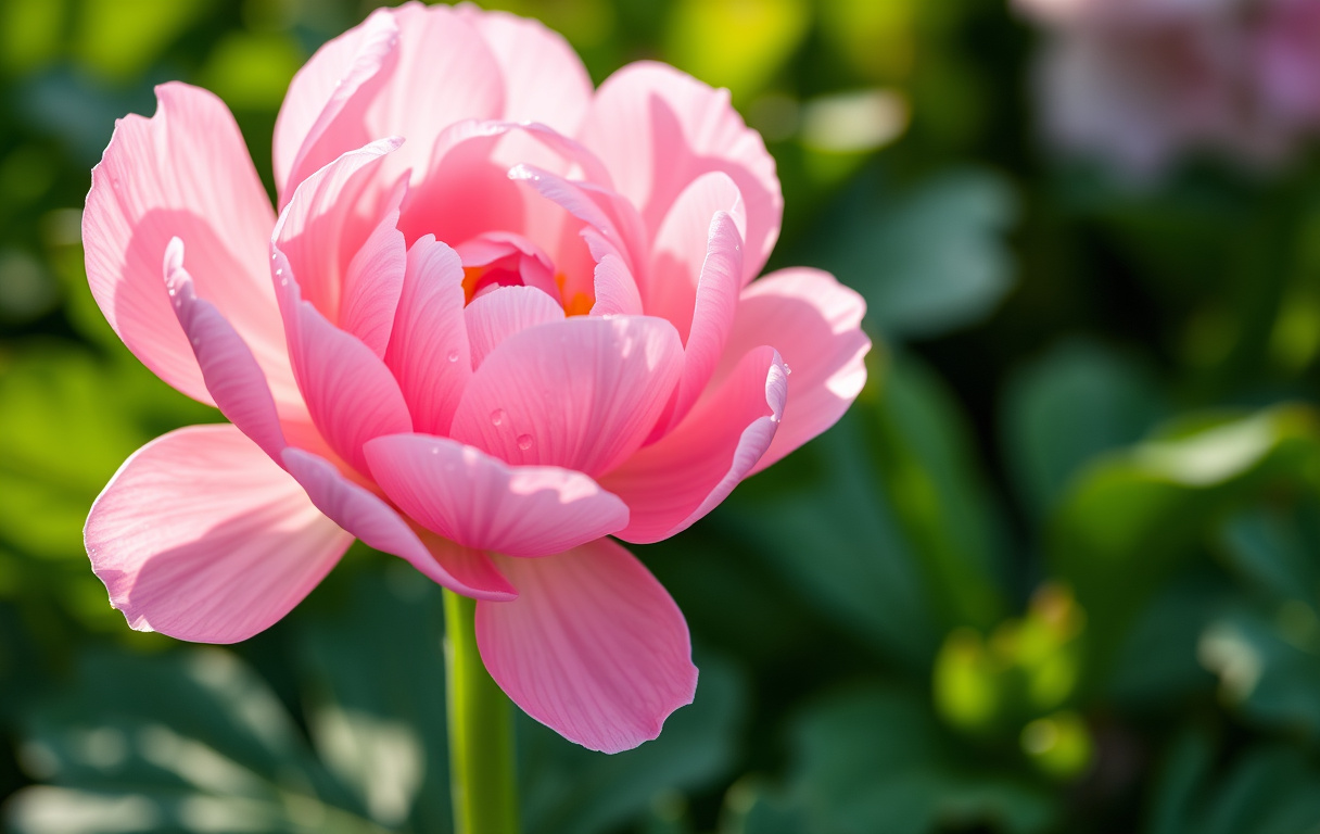 Närbild på en rosa ranunkel i trädgården med daggdroppar på kronbladen, morgonljus och gröna blad i bakgrunden.