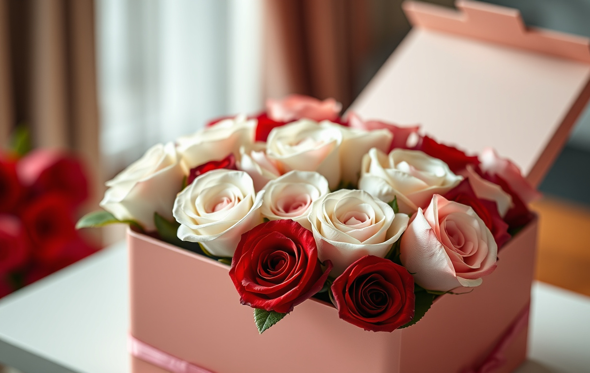 Lyxig rosbox med evighetsrosor i rött, vitt och rosa, fotorealistisk närbild