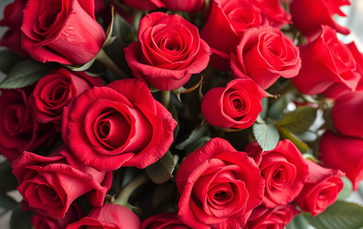 En vacker bukett med röda rosor fotograferad i dagsljus med fokus på detaljerna