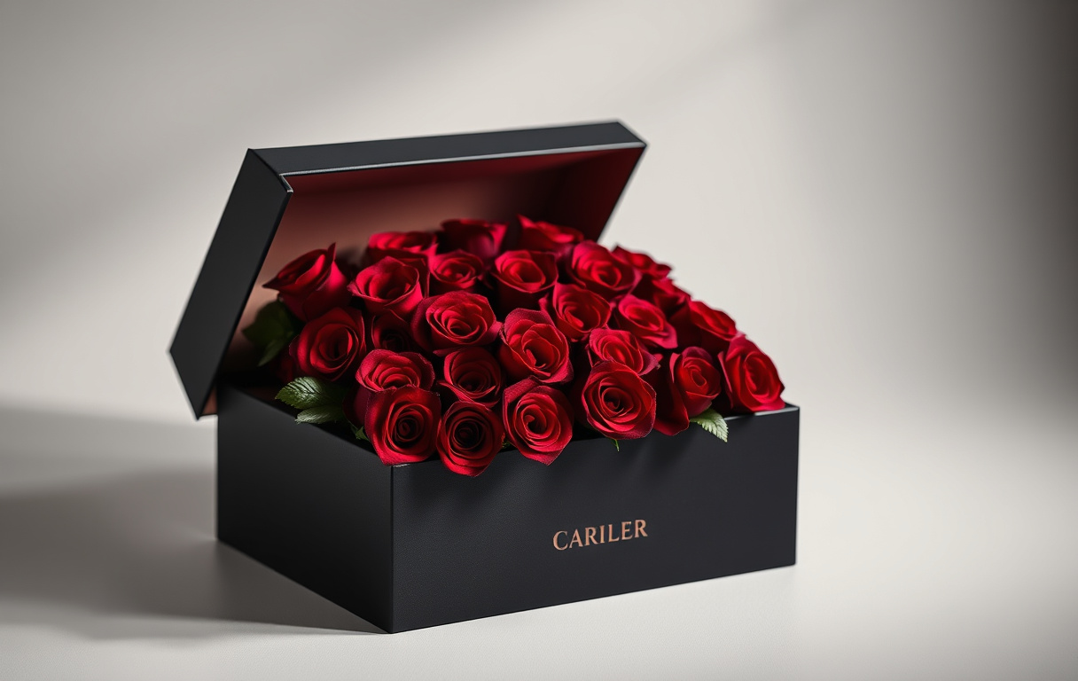 Lyxig svart presentbox med röda evighetsrosor, fotorealistisk bild