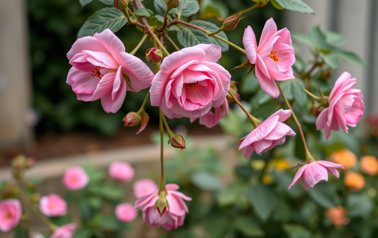 Närbild på en klätterros med långa stjälkar och rosa blommor i mjukt dagsljus
