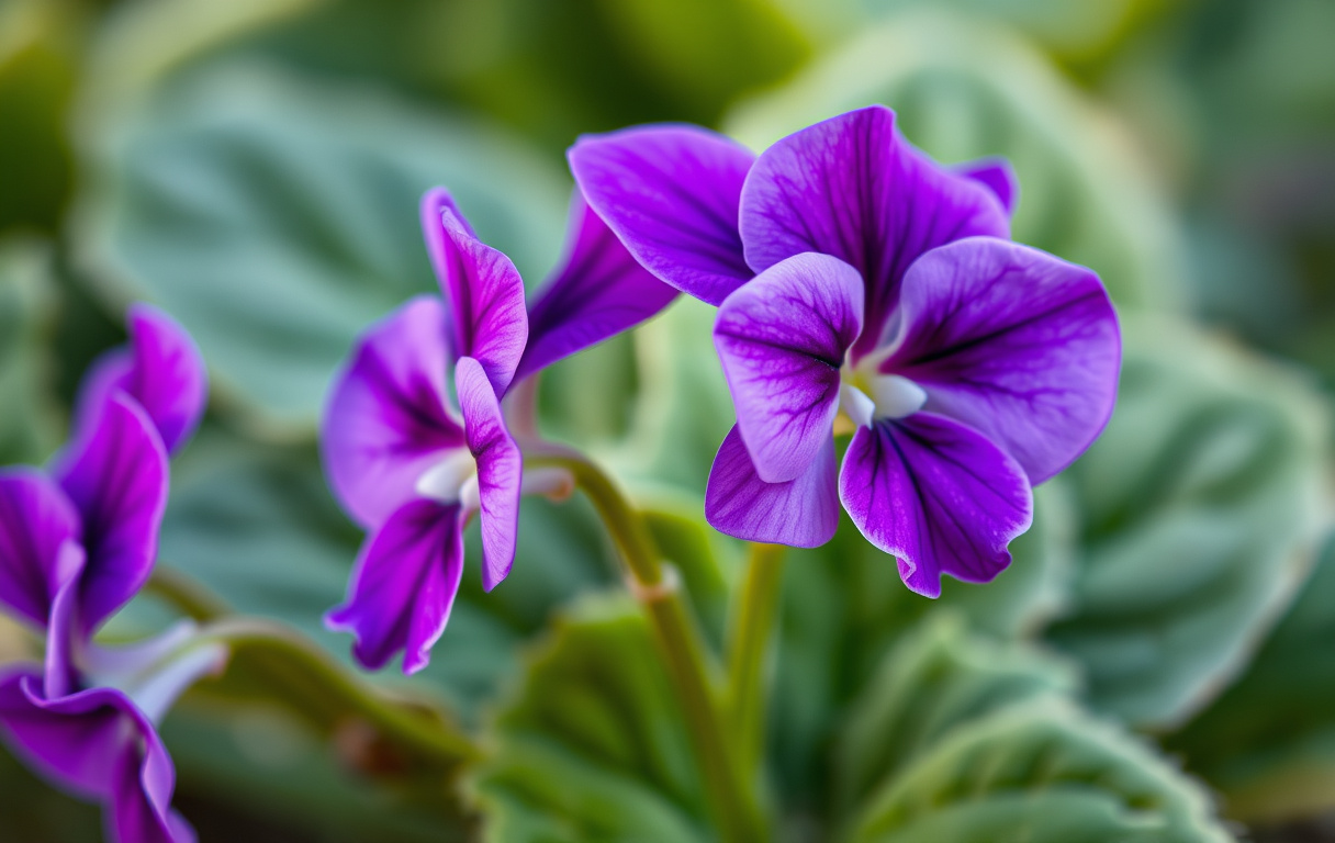 Närbild på en blommande afrikansk violett med lila blommor och gröna håriga blad