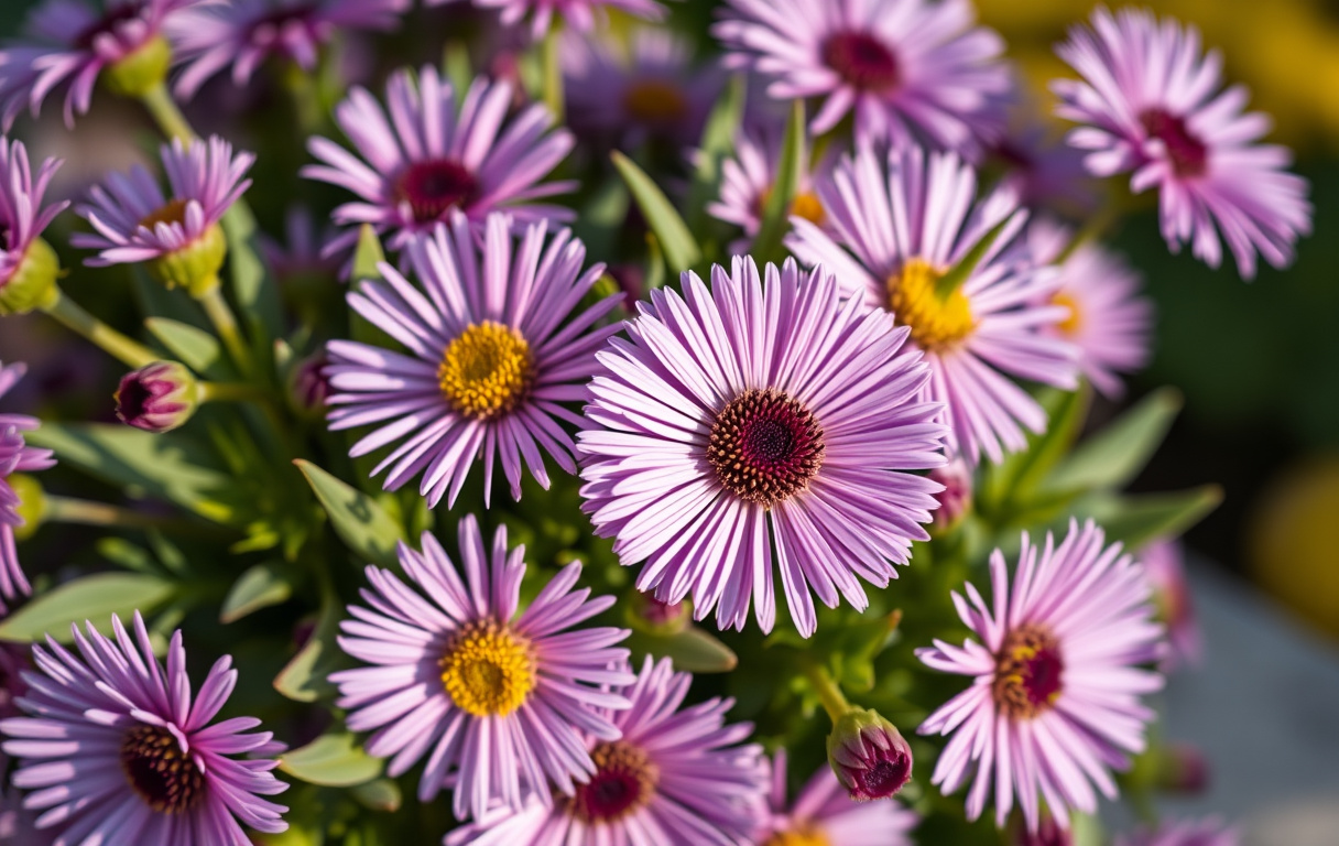 Närbild på en bukett med lila aster och gröna blad i höstljus