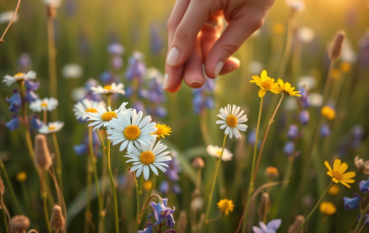 En hand som plockar vilda blommor på en äng i midsommartid med prästkrage, blåklockor och smörblommor.