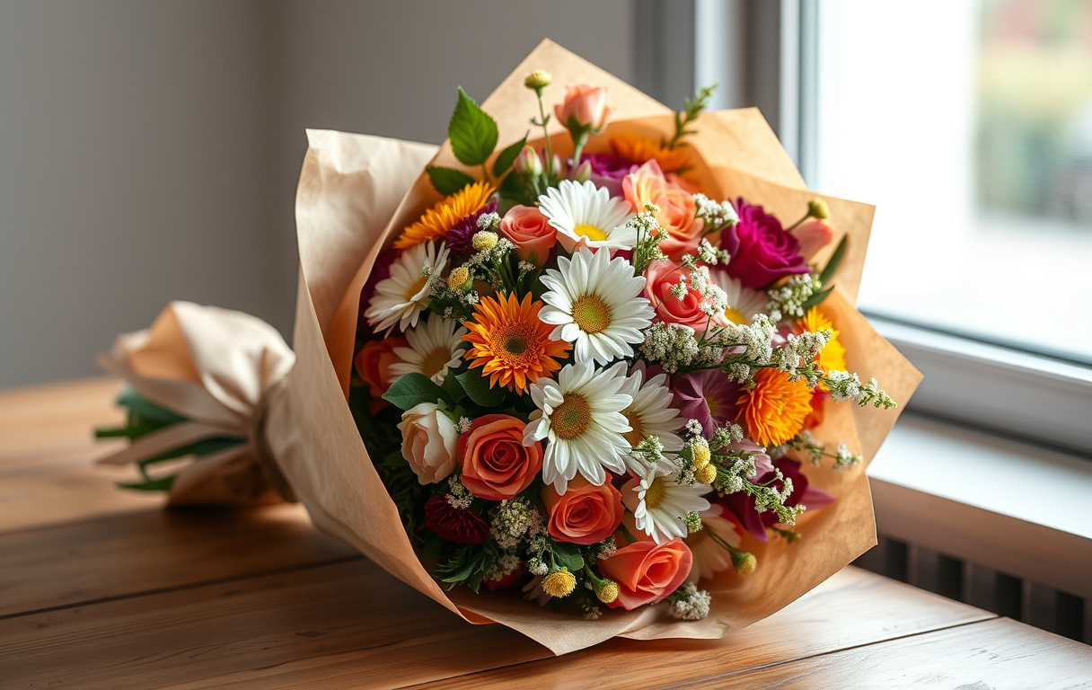 En bukett blandade blommor inslagen i kraftpapper, liggande på ett träbord i mjukt dagsljus.