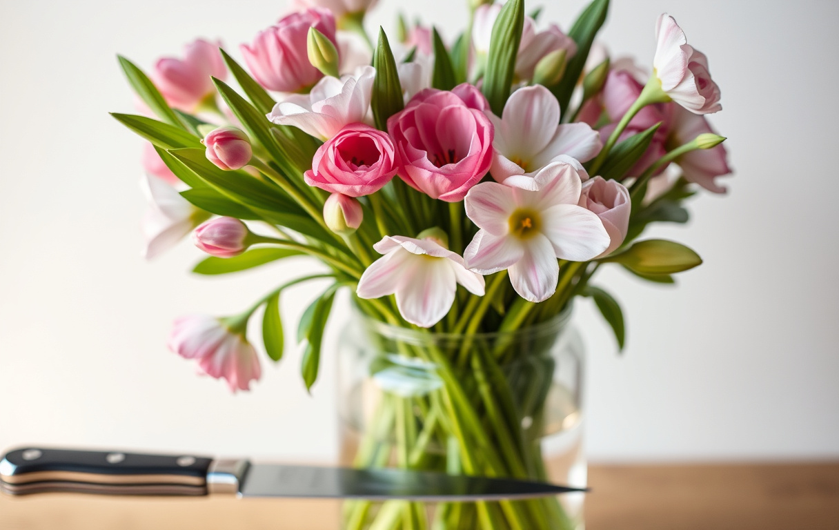 Närbild på nysnittade blomstjälkar i en glasvas med en vass kniv bredvid, mjukt dagsljus