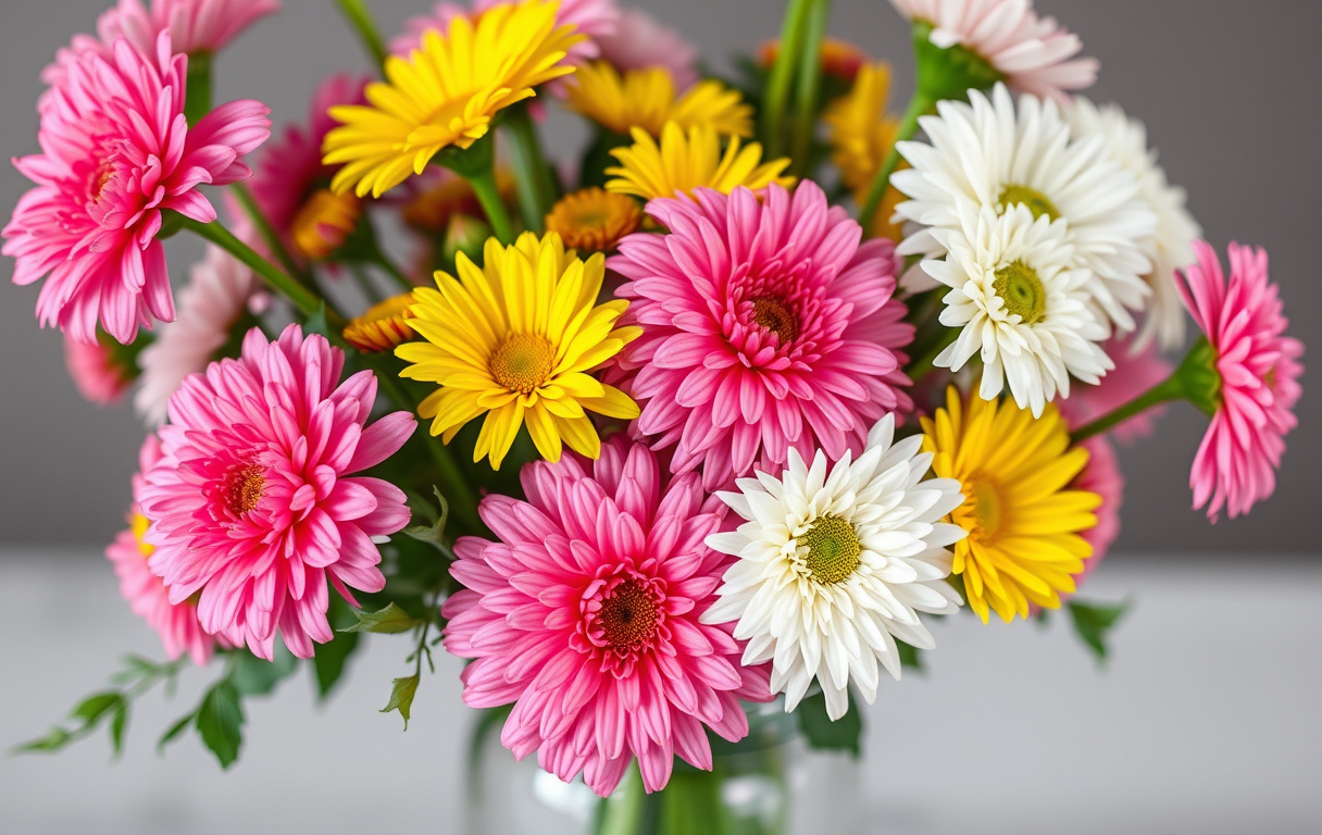 Bukett med nejlikor, zinnia och krysantemum i klar glasvas, fotorealistiskt ljus